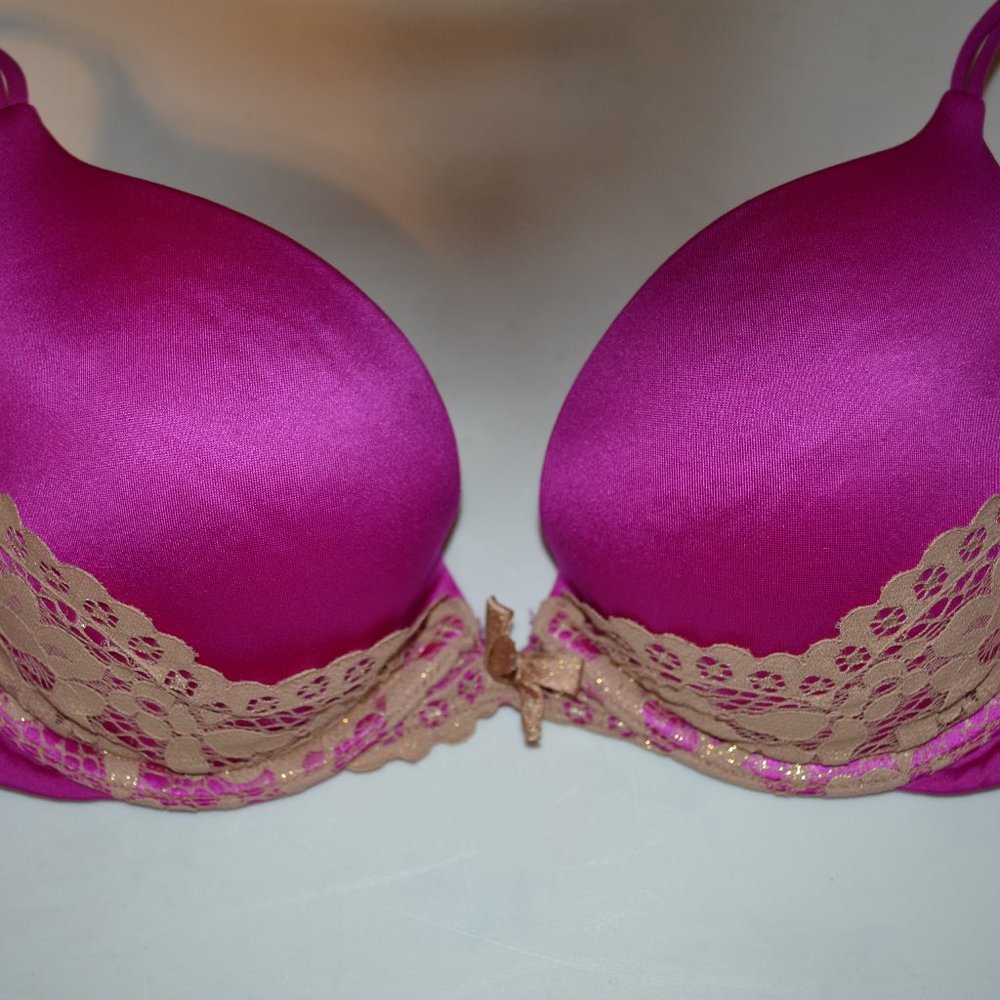 Victoria's Secret Very Sexy hot pink & gold lace padded push up bra 32D EUC